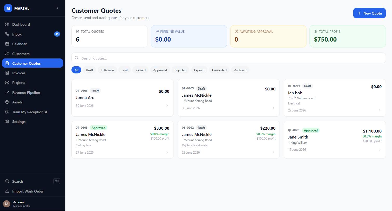 Customer Quotes screen showing pipeline value and quotes at different stages