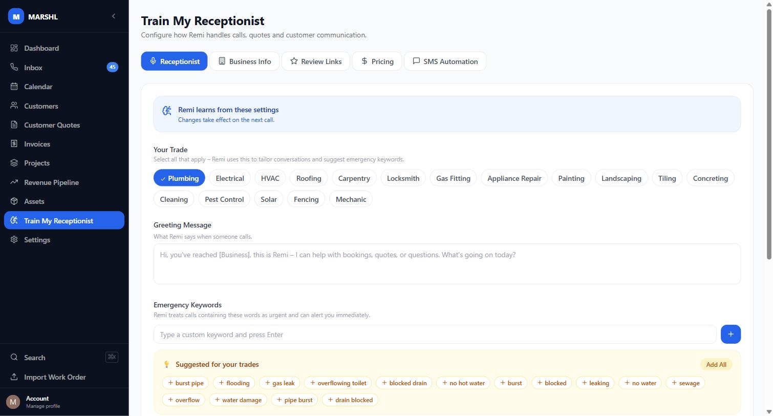 Train My Receptionist screen where a business configures Remi's greeting and emergency keywords